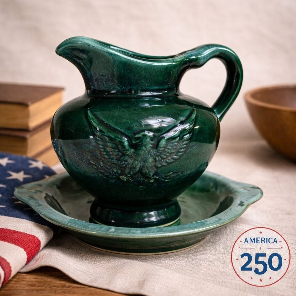 Vintage Hull Eagle Pitcher Basin Set Green Glaze Americana Pottery America 250